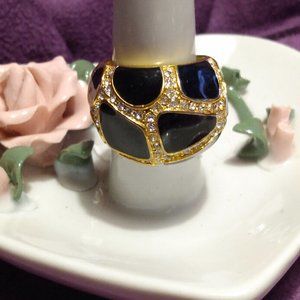 Black Enamel & Rhinestone Ring